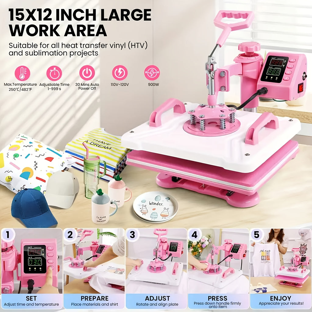 Combo Heat Press Machine with 5-in-1 or 8-in-1 Attachment Sets, 15x15 and 15x12 Inch Options or 12x10 Inch Textile-Only Press for DIY Customization