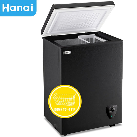 Compact Chest Freezer by WANAI with Seven Temperature Settings, Removable Basket and Top-Opening Hinged Door, WA-Black or WA-White Options for Home Storage