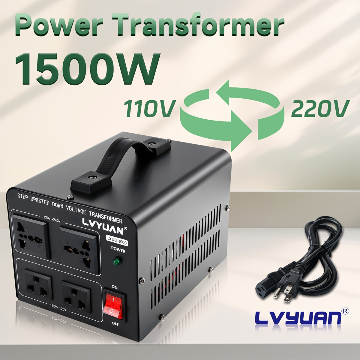 Step Up Down Voltage Converter by LVYUAN, 110V–120V to 220V–240V Transformer with Two US Outlets, Two Universal Outlets and Resettable Circuit Breaker