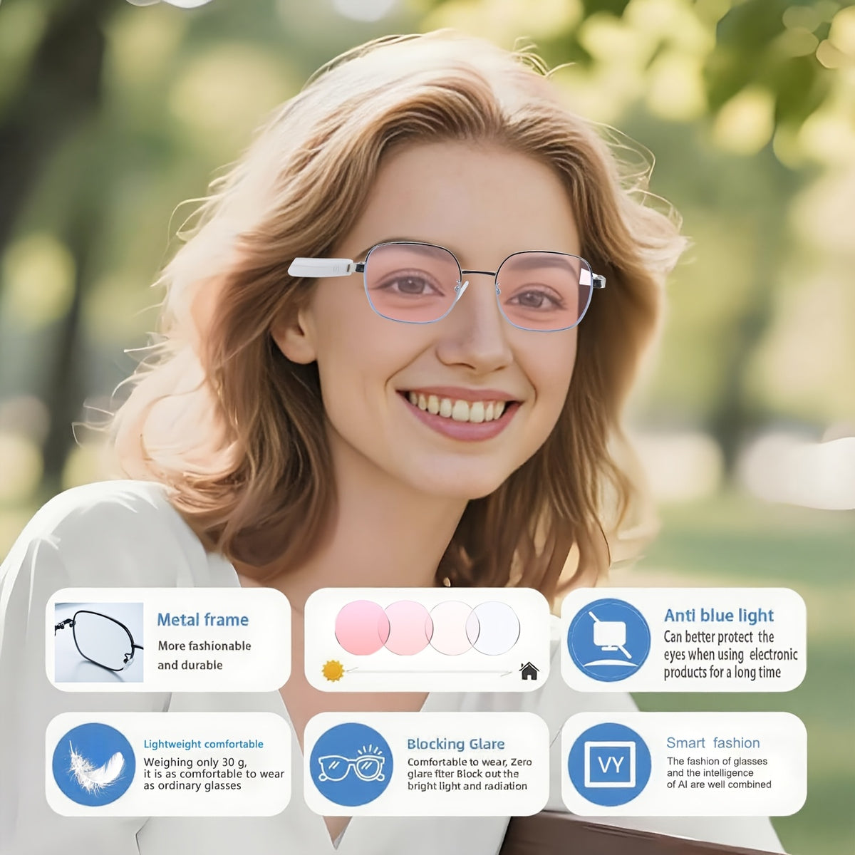 Auto-Tint AI Translation Glasses with Listed 164-Language Support, Calling and Music Playback, Black Metal or UF05 Gold and Silver Lens Options