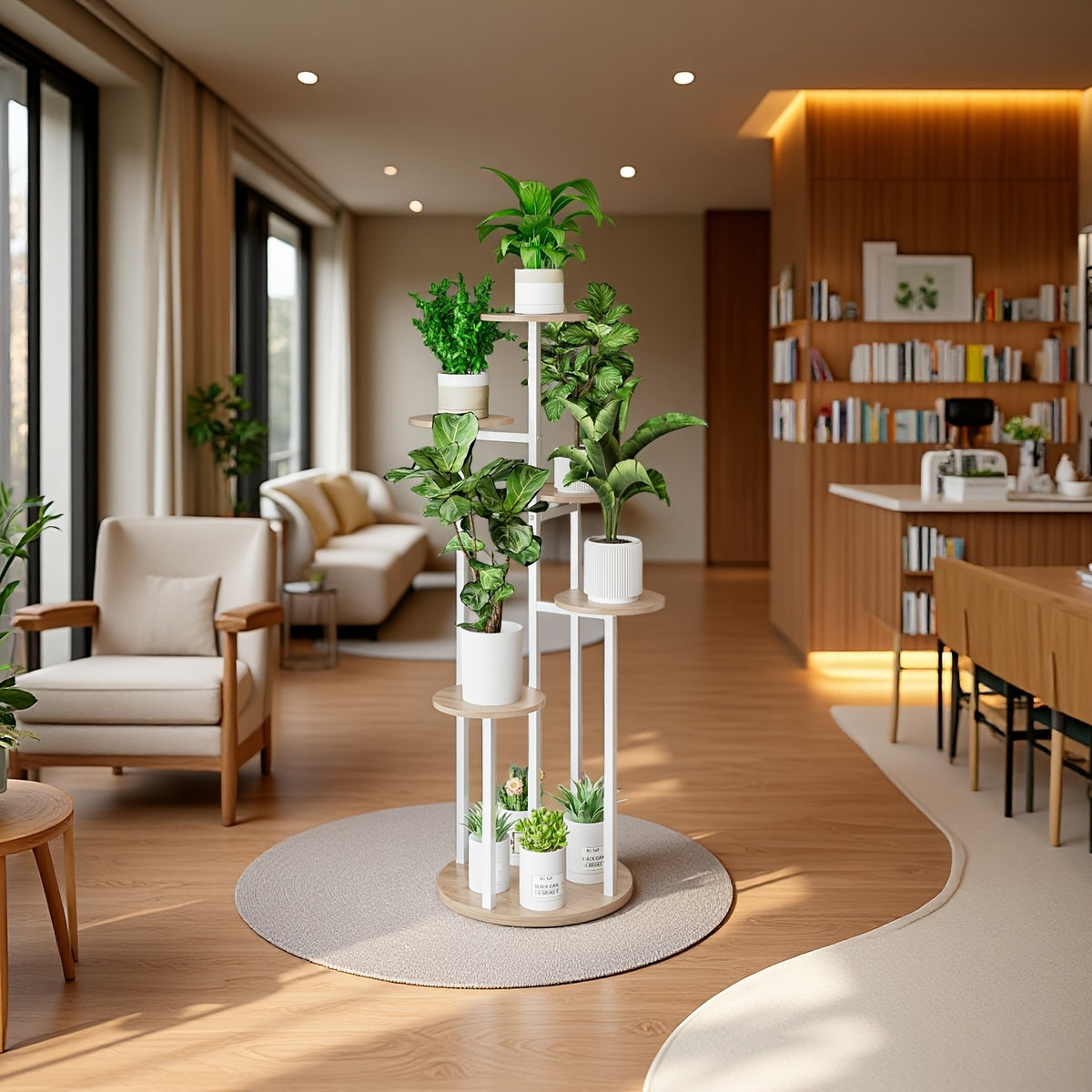 Six-Tier Metal Plant Stand by SUOERNUO with Listed Nine-Pot Display Layout, EVA Base Pads and Black or White Options for Indoor Corner Decor