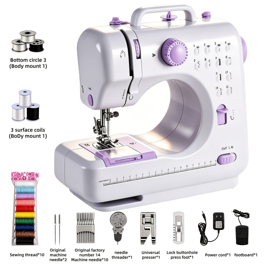 Electric Home Sewing Machine in Light Purple with Listed 12 Stitch Settings, Reverse Sewing, Thread Winding, Tension Dial and Sewing Light for DIY Fabric Projects