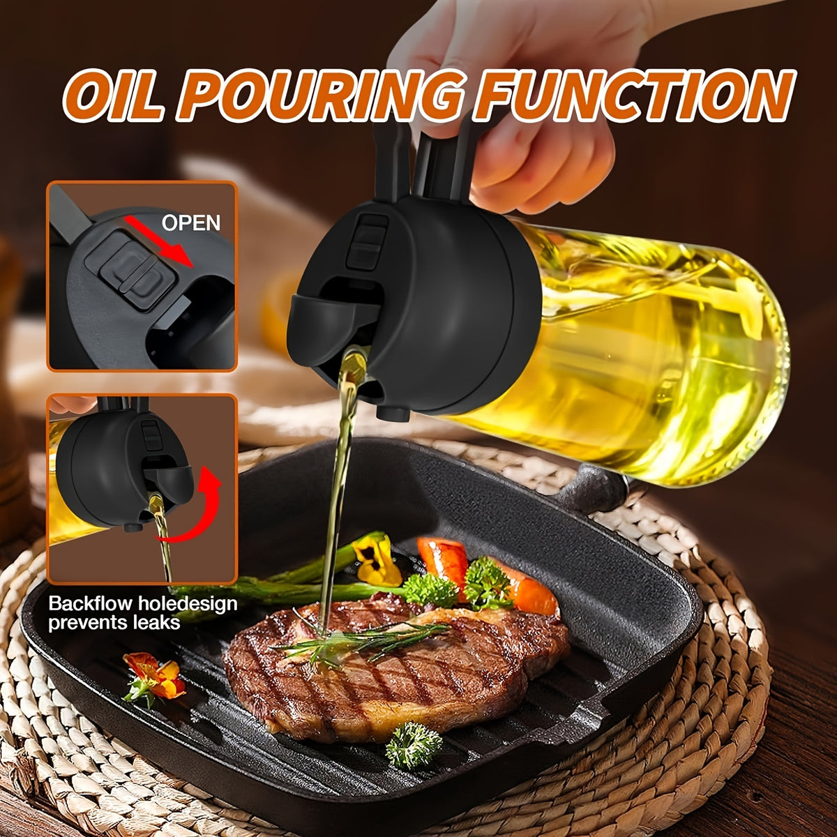 470ml Plastic Oil Spray Bottle with 2-in-1 Spray and Pour Design for Olive Oil, Kitchen Cooking, Grilling, Air Fryer Preparation, Baking and Salad Dressing