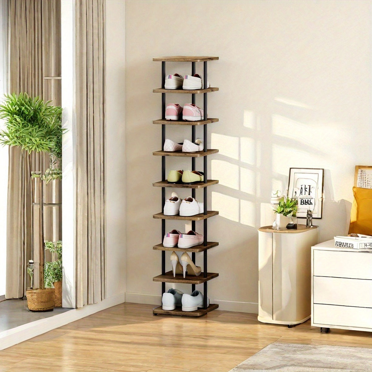 9-Tier Vertical Shoe Tower in Black with Narrow Freestanding Design and Removable-Layer Reference for Footwear Storage in Closets, Entryways and Bedrooms
