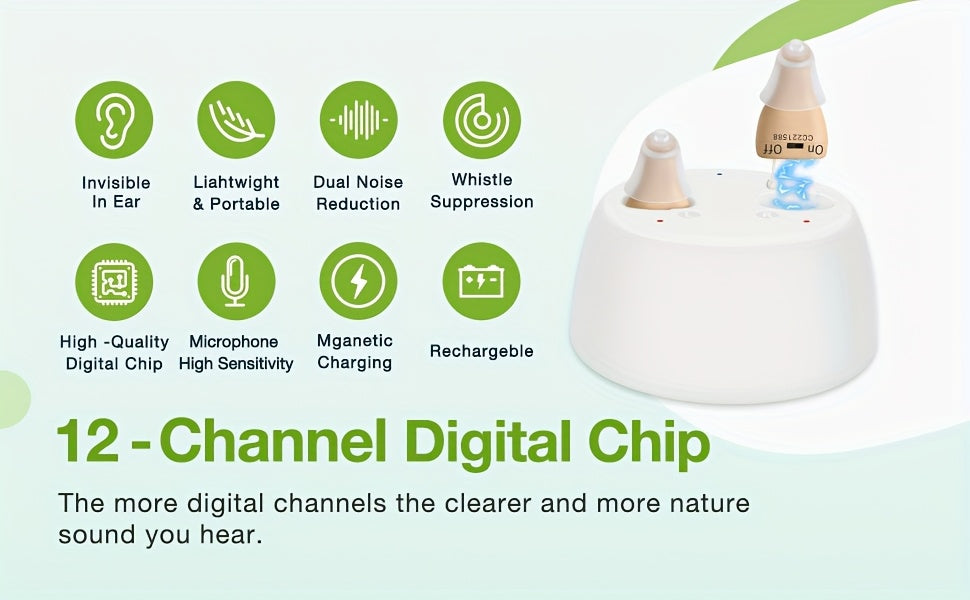 CIC Rechargeable Hearing Aids, Listed One-Pair In-Ear Devices with Adjustable Volume and Noise Reduction in Beige, RedBlue or Black Color Options for Adults