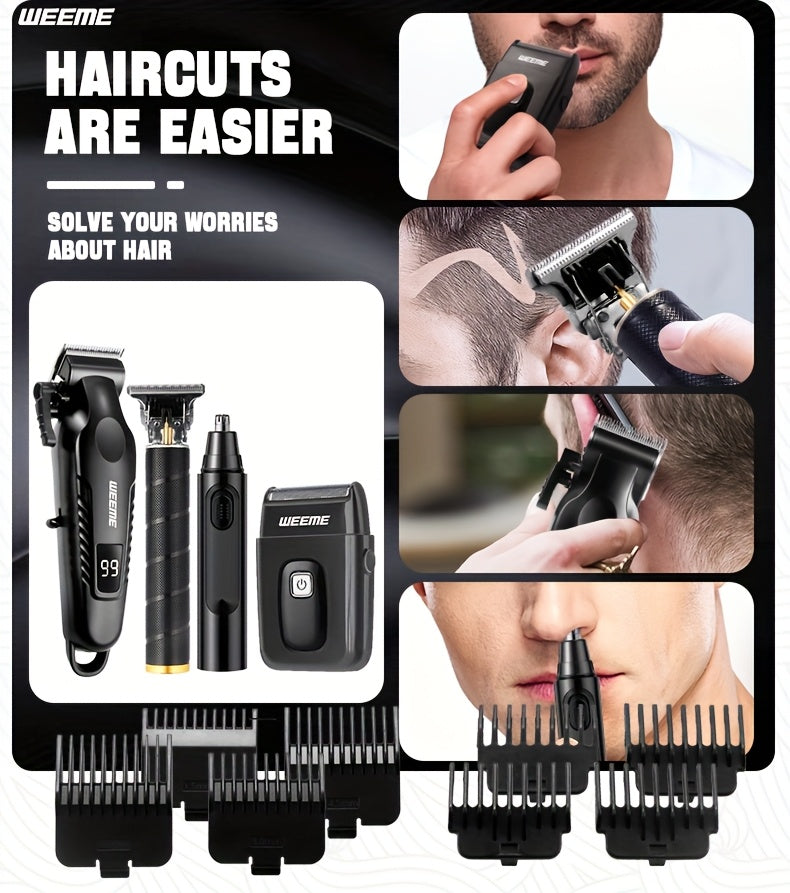 Four-Piece Men's Grooming Set in Black with Hair Clipper, Nose Trimmer, Electric Shaver and T9 Detailer, Listed USB Rechargeable Design and Eight Guide Combs