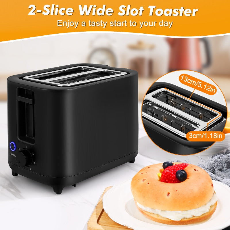 Compact 2 Slice Toaster by TomaChef, 700W with 7 Browning Settings and Removable Crumb Tray for Bread, Bagels and Waffles, Pitch-Black or Off-White