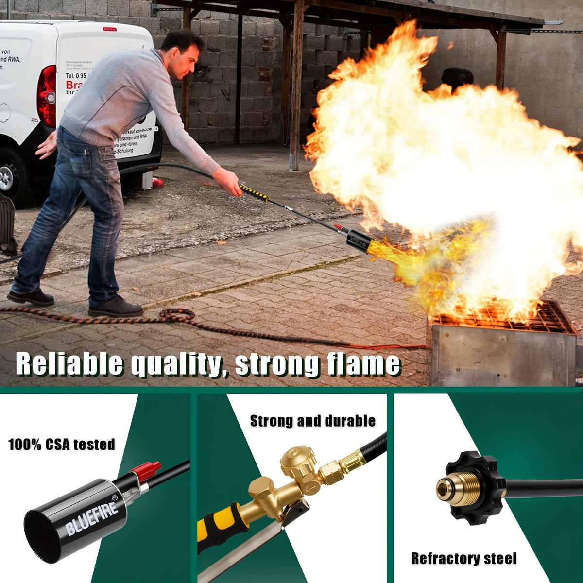 Propane Weed Torch Kit with Tank-Connected Outdoor Burner Model Options, BF-1711, Koman-Q0001 and HD Series for Experienced Adult Yard Maintenance