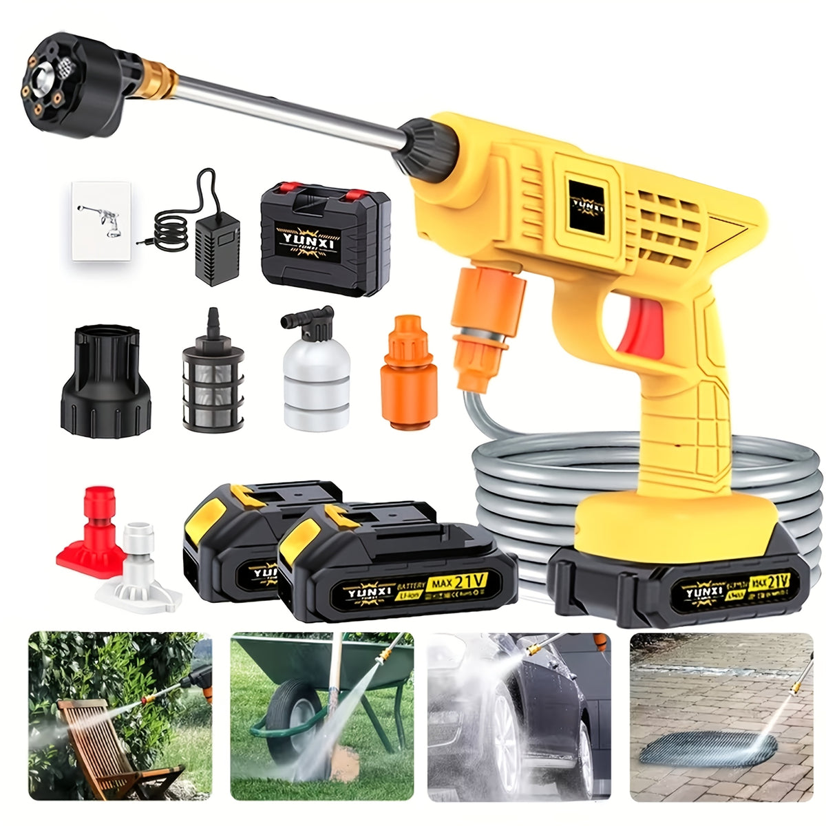 Cordless Pressure Washer for Car, Yard and Garden Cleaning, Portable Water Spray Gun with One- or Two-Battery Options and Selected Tool Box Packages