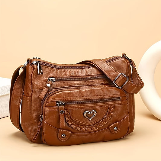 Heart-Accent Vintage Crossbody Bag for Women with Adjustable Strap and Multiple Zipper Pockets, Brown, Black or Dark Brown-1 Options for Casual Everyday Styling