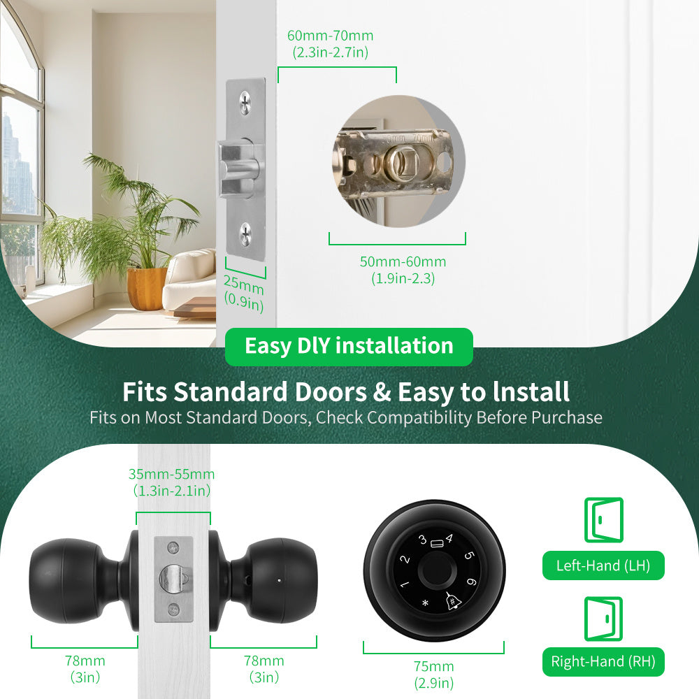 Five-Method Fingerprint Door Knob with App, IC Card, Password and Backup Key Access, Silent and Passage Modes, Anti-Peep Keypad and Type-C Emergency Power
