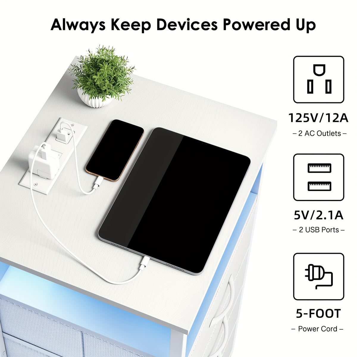 LED Nightstand with Charging Station, Smart Night Stand with USB Ports & Outlets, 2 Fabric Storage Drawers, Bed Side Table for Bedroom, Dorm & School, White or Black, 1pc / 2pcs