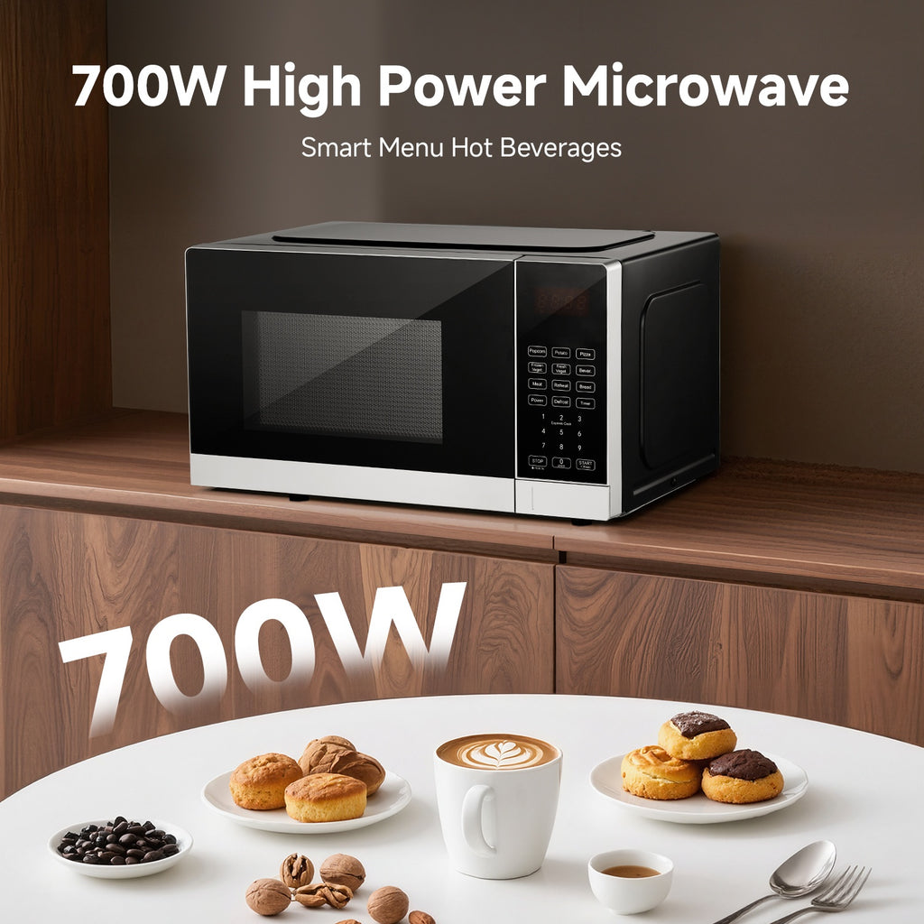 Countertop Microwave Oven by AMZCHEF, 0.7 Cubic Feet Compact Tabletop Appliance with Listed 9 Preset Recipes, Defrost and Clock Functions for Everyday Meals