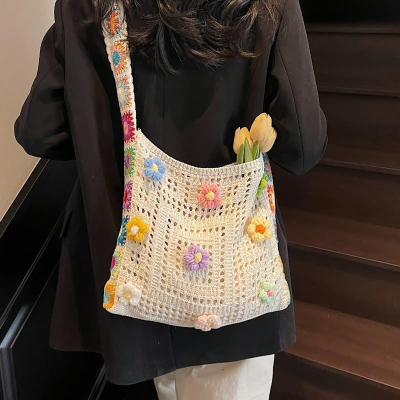 Boho Messenger Bag for Women with Hollow Flower Details and Contrast Fabric, Vintage-Inspired Casual Purse with Button Accents, No Closure and Seven Option Labels