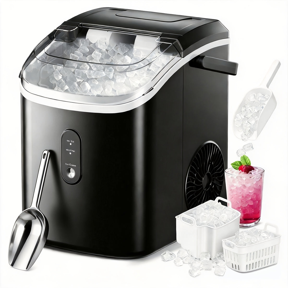 Lighted Countertop Nugget Ice Maker with Automatic Cleaning, Listed Black 37lb or Sliver 44lb Option Labels, Ice Scoop and Basket for Home Kitchen Drinks