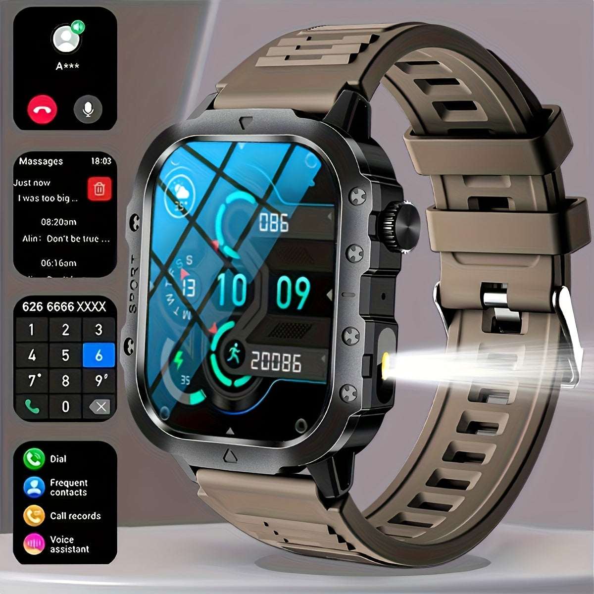 Outdoor Flashlight Smartwatch in Brown with Listed 2.1-Inch Screen, Multiple Sports Modes and Notifications for Men and Women Using Android or iPhone