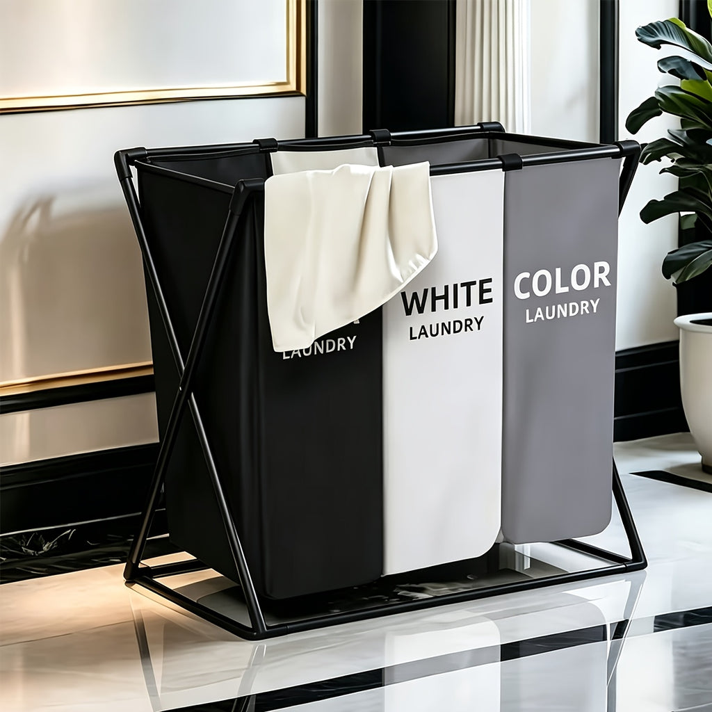Three-Section Foldable Laundry Hamper Sorter with Listed Oxford Bags and Handles, Rectangular 3 BAG Option for Bedroom, Bathroom and College Dorm Organization