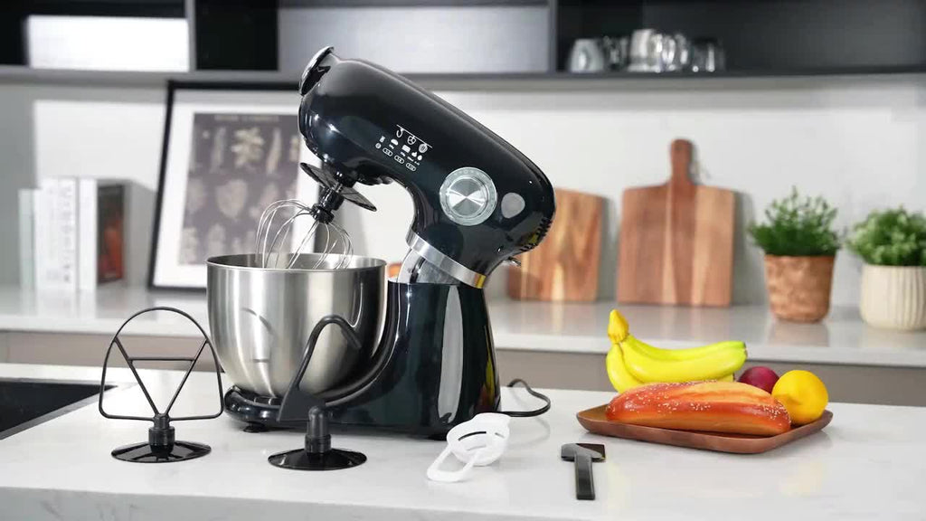 Electric Stand Mixer with Listed 350W Power, 12 Speeds and Pulse Button, Stainless Steel Bowl, Paddle, Dough Hook and Whisk in Grey, Black or Red for Home Baking