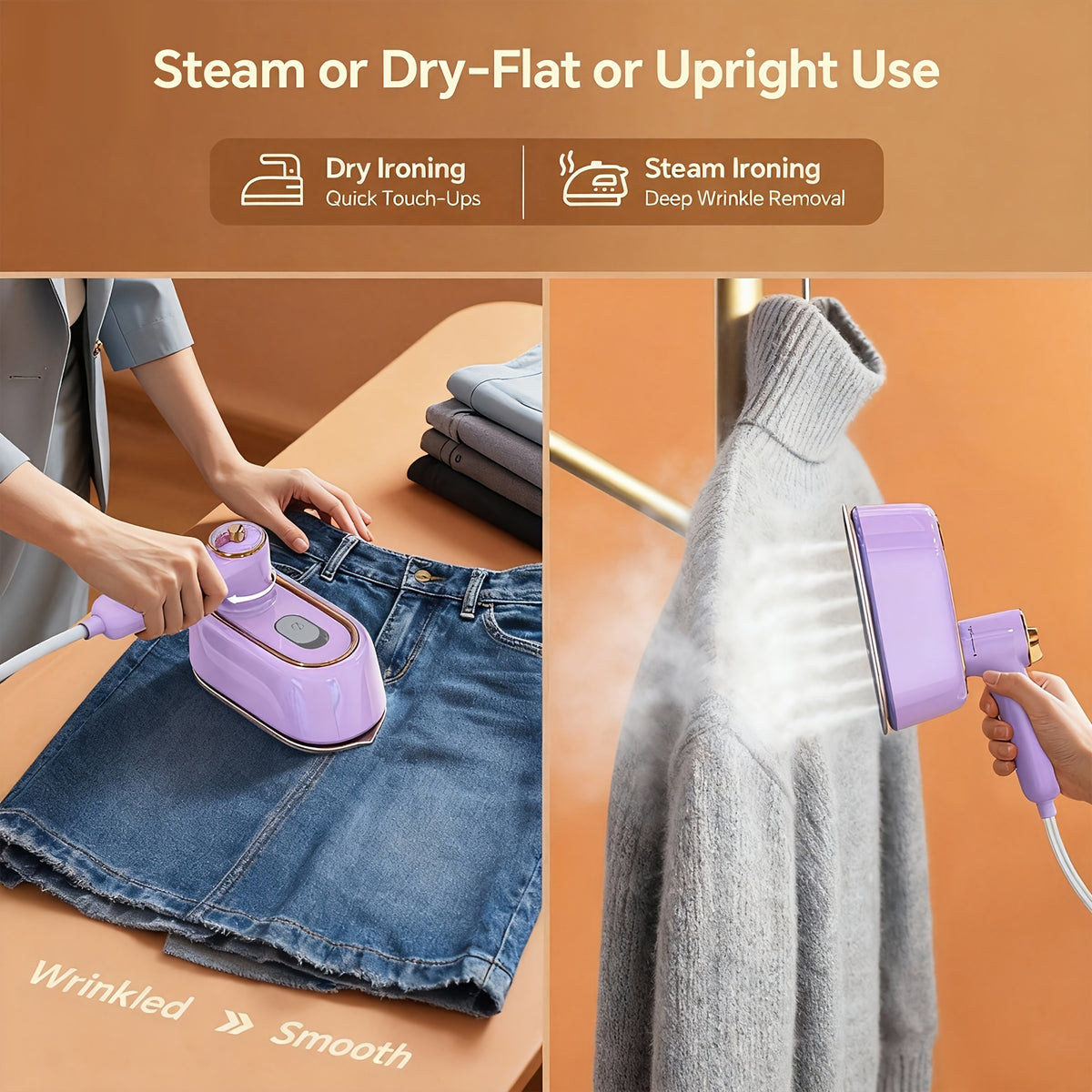Mini Travel Steam Iron with Foldable 180-Degree Handle, Portable Handheld Garment Steamer for Compatible Clothing, Dry Ironing and Everyday Wrinkle Care