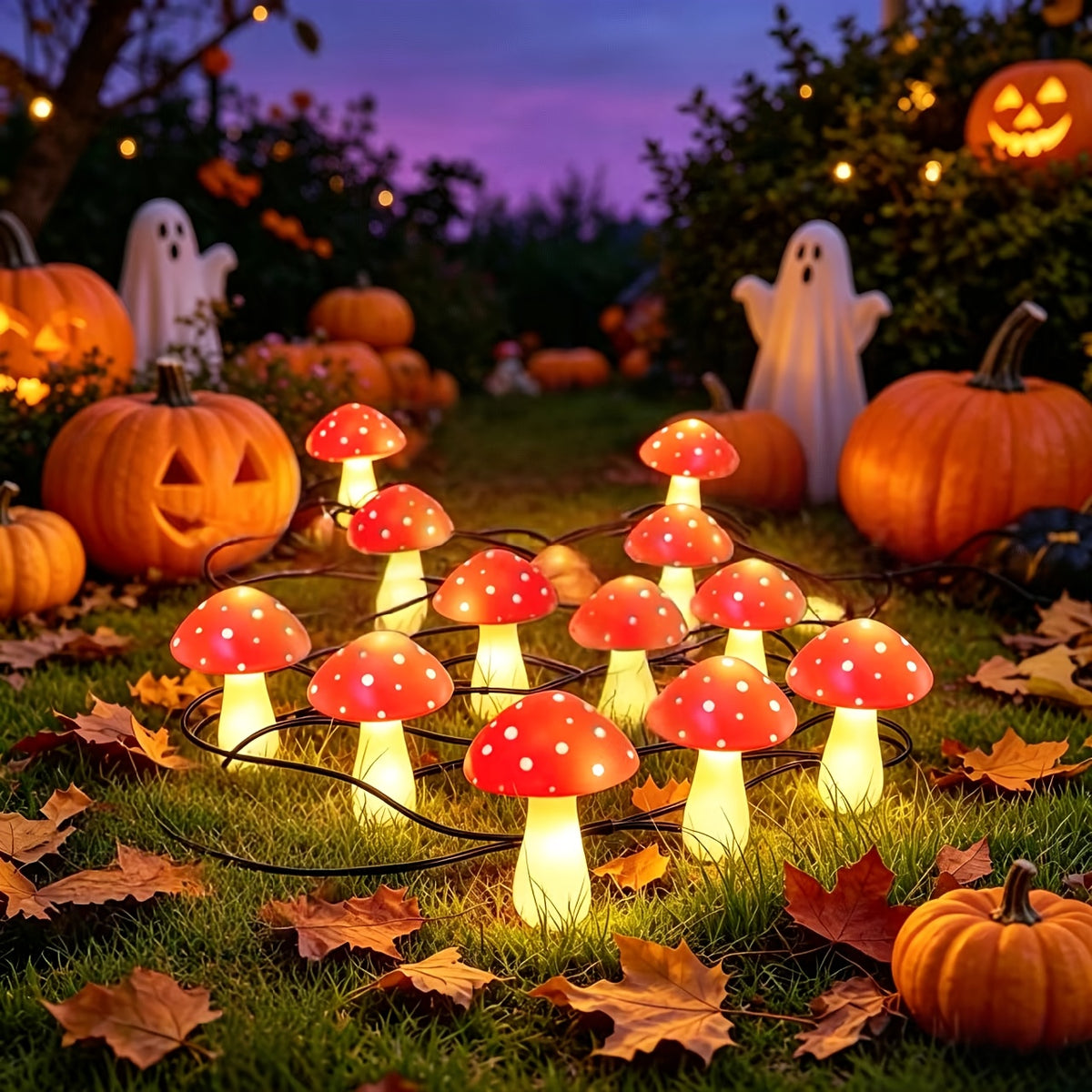 Solar Mushroom Garden Lights, 12-Piece Red Spotted Stake Light Set with Warm White LEDs for Decorative Lawn Borders, Yard Pathways, Patios and Landscape Displays