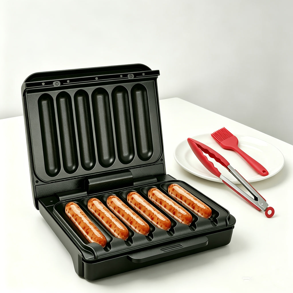 Six-Slot Electric Hot Dog Maker, Nonstick Sausage Grill with Grease Drip Tray, Power and Ready Indicator Lights, Cord Storage for Breakfasts and Snacks