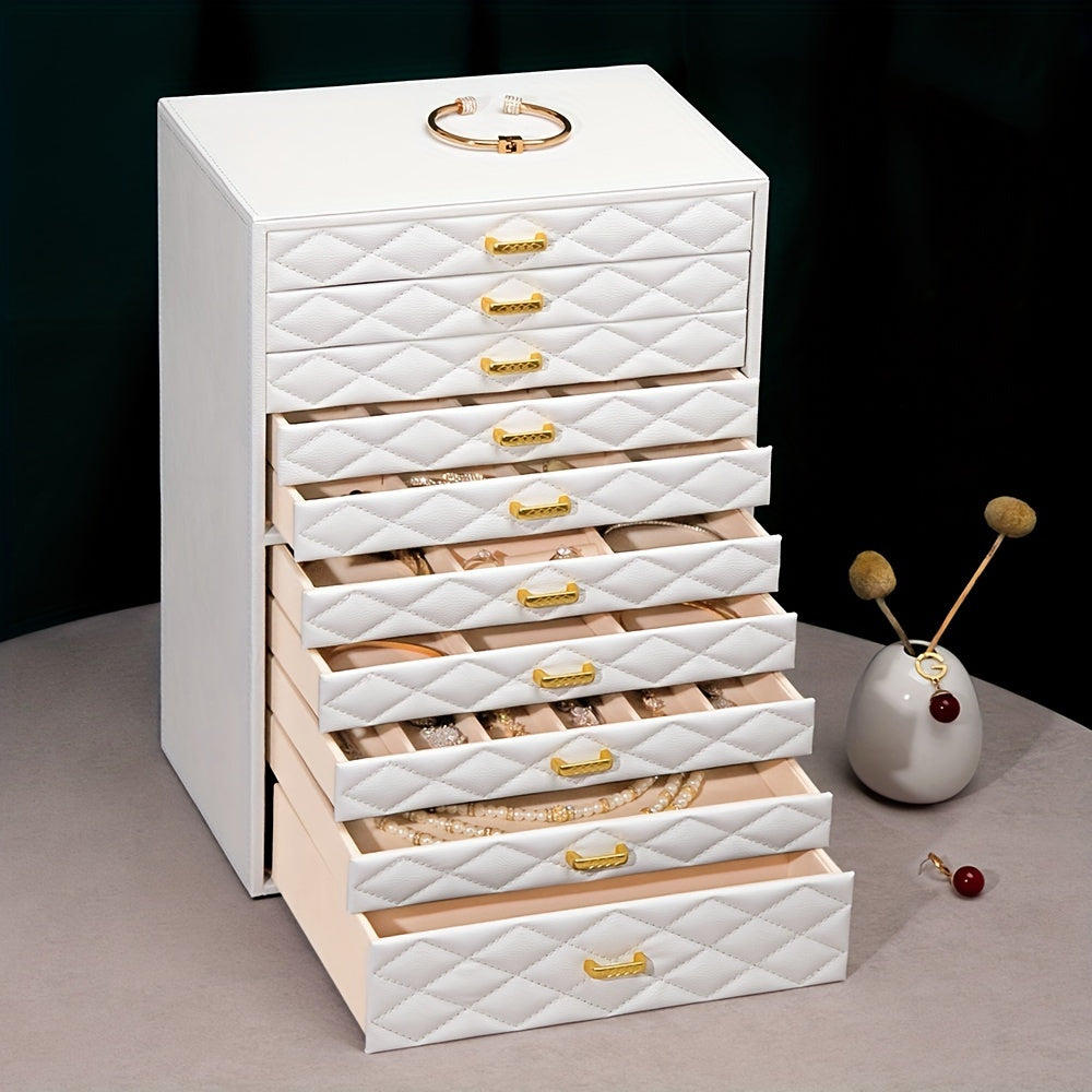 Extra Large Jewelry Box by FEIYAN, 10-Layer Faux Leather Storage Organizer with Drawers and Velvet Lining for Scandinavian-Style Bedroom Organization