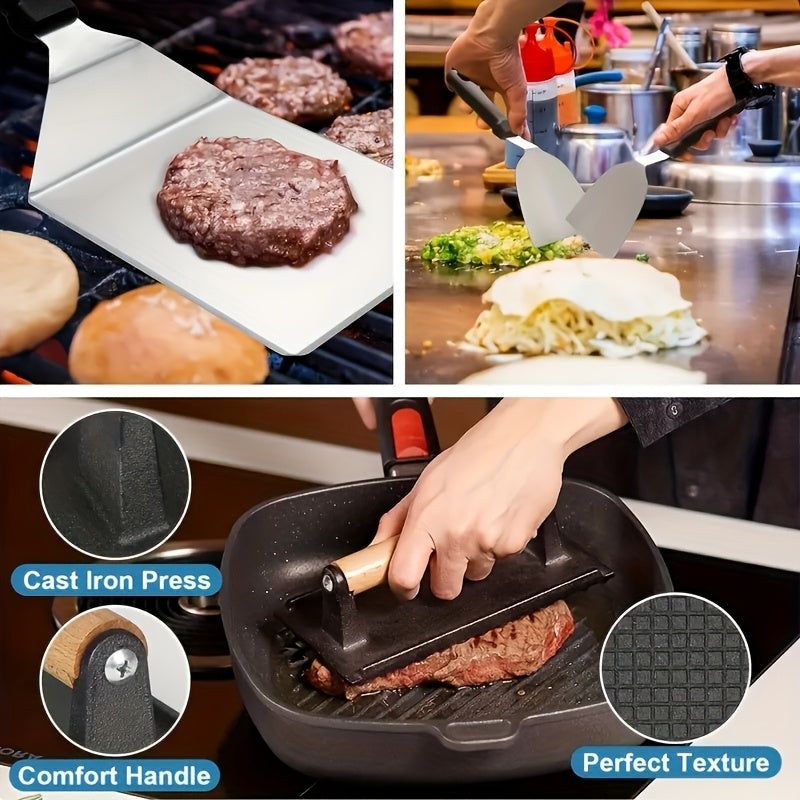 Griddle Accessory Kit, 18-Piece Stainless Steel BBQ Tool Set with Burger Smasher, Spatula Tools and Grill Cover for Outdoor Flat-Top Cookouts