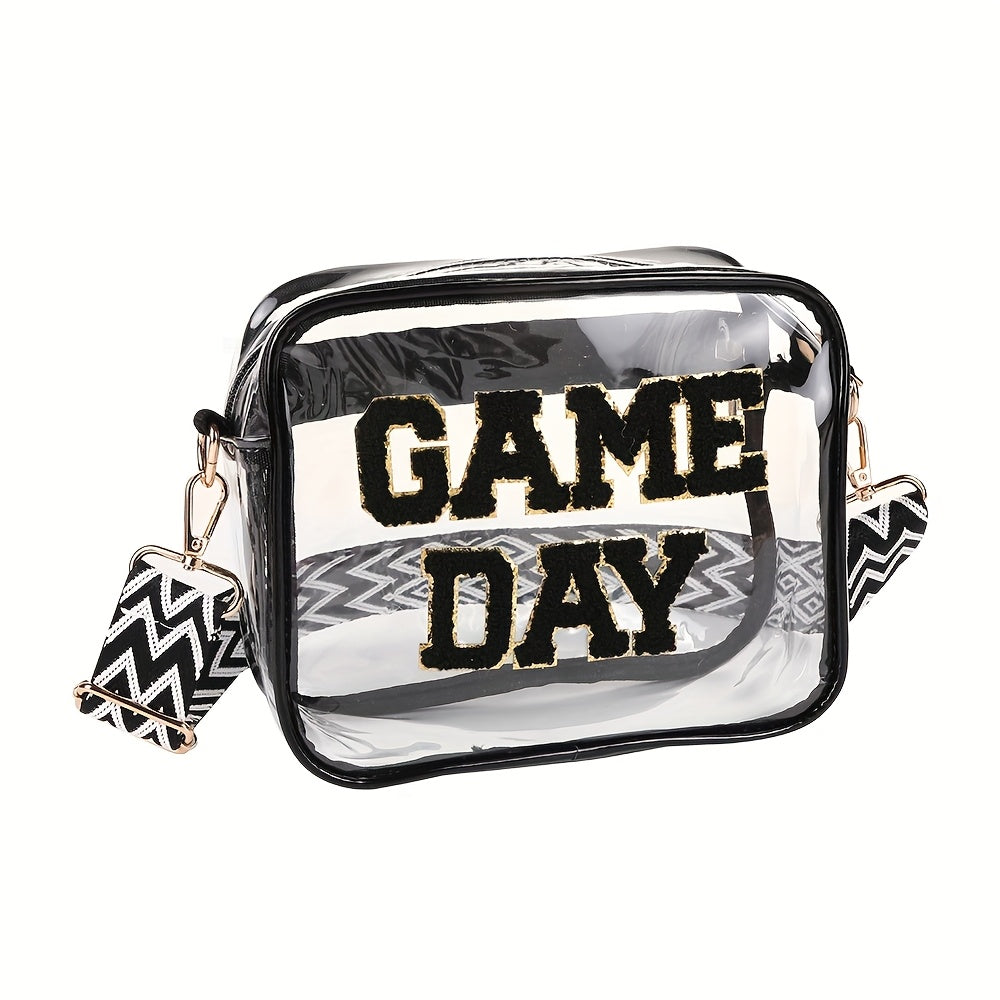 Transparent Square Crossbody Bag with Embroidered Letter Detail, Clear PVC Shoulder Accessory with Zipper Closure and Painted Edges in Grey, Orange or Red for Everyday Outings
