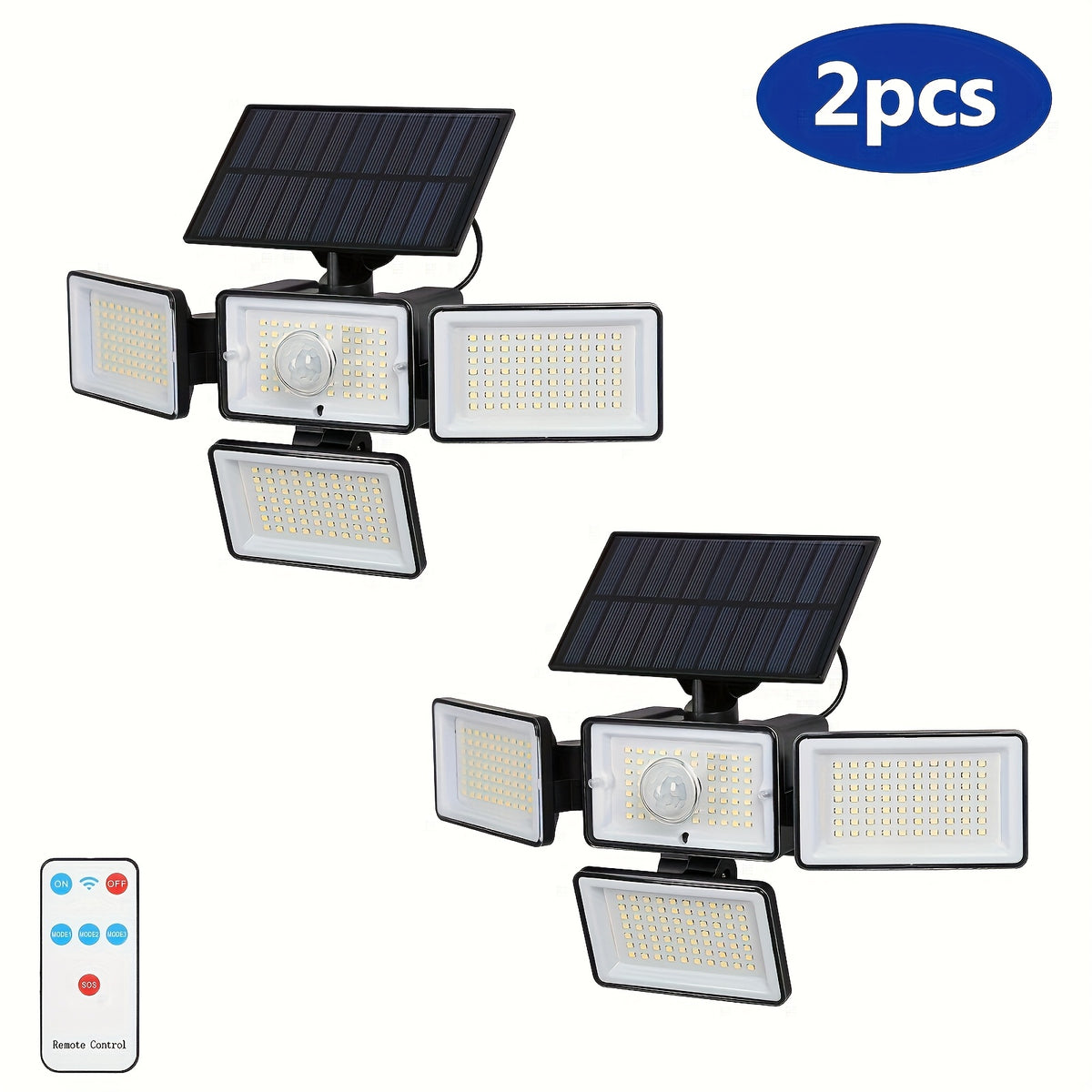 Four-Head Solar Motion Sensor Outdoor Lights, 2-Pack 288 LED Floodlights with Remote Control, 4 Lighting Modes and IP65 Rating for Yard, Patio and Garage