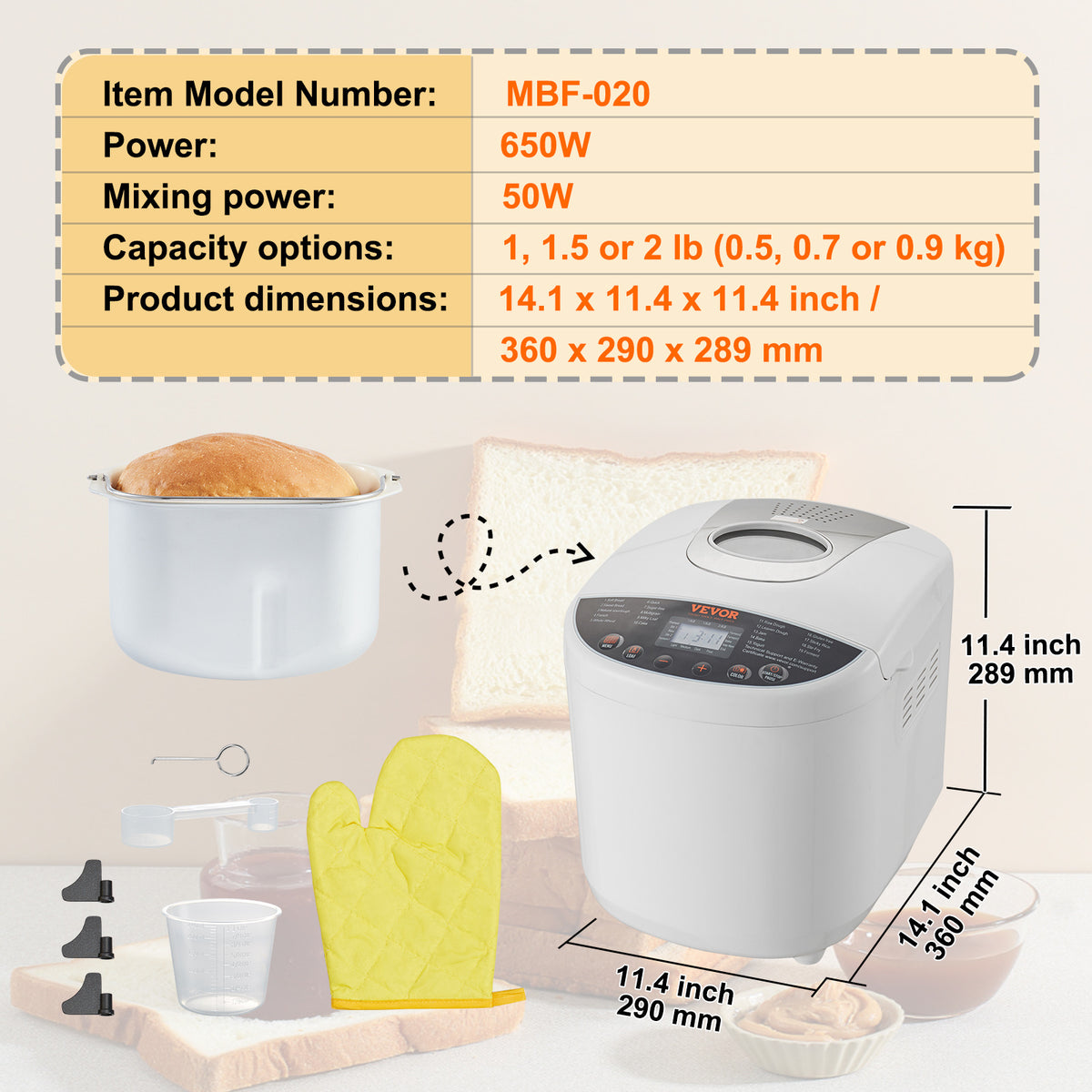 19-Program Bread Maker by VEVOR, White Automatic Bread Machine with 1, 1.5 and 2lb Loaf Sizes, Three Crust Settings, Ceramic Pan and 15-Hour Delay Start