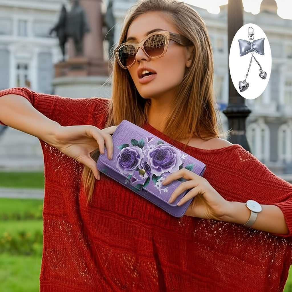 Floral Clutch Wallet for Women with Listed Zipper, Card and Coin Storage, Bow Accessory Reference and Selected Shoulder Strap Styles in Multiple Color Options