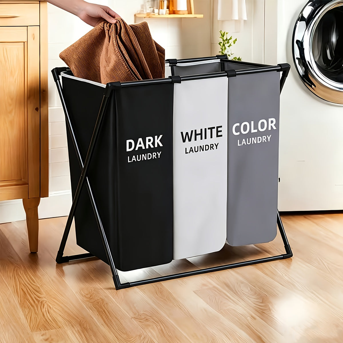 Three-Section Foldable Laundry Hamper Sorter with Listed Oxford Bags and Handles, Rectangular 3 BAG Option for Bedroom, Bathroom and College Dorm Organization