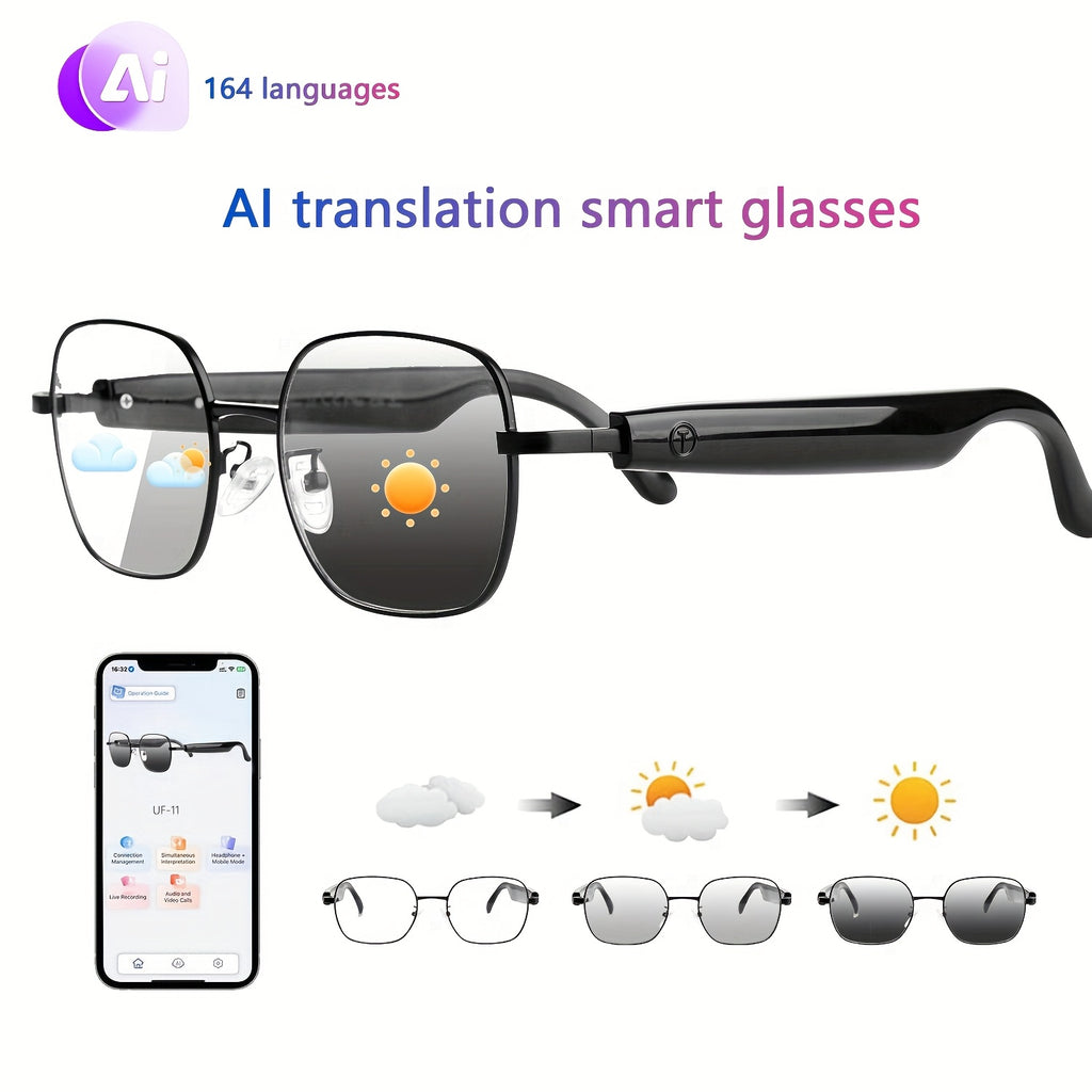 Auto-Tint AI Translation Glasses with Listed 164-Language Support, Calling and Music Playback, Black Metal or UF05 Gold and Silver Lens Options