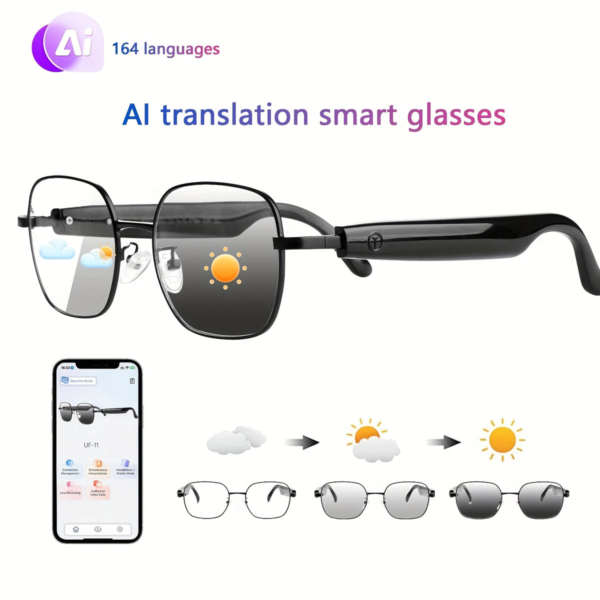 Auto-Tint AI Translation Glasses with Listed 164-Language Support, Calling and Music Playback, Black Metal or UF05 Gold and Silver Lens Options