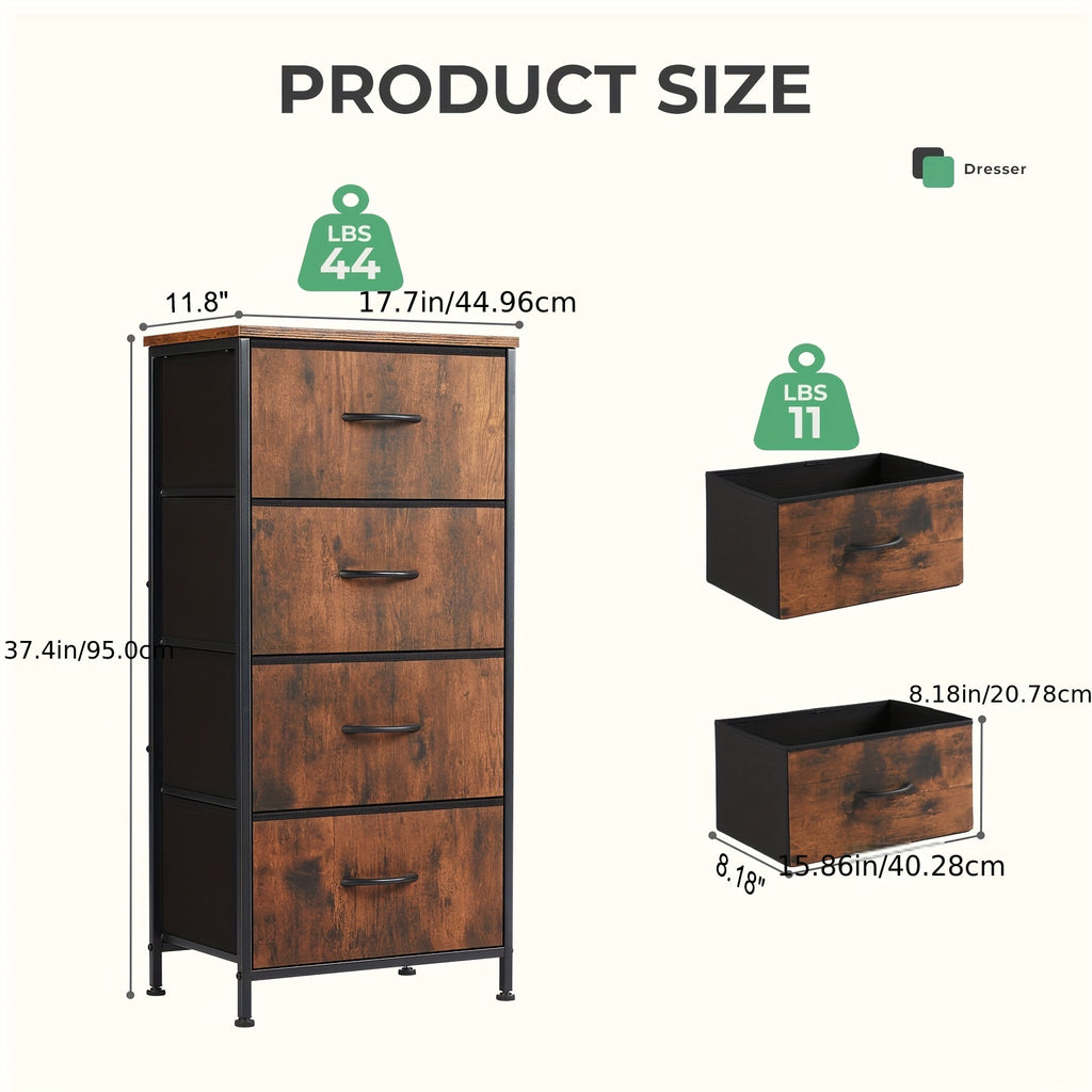 Four-Drawer Fabric Dresser Organizer with Listed Steel Frame and Wood Top, Home and Closet Storage Chest in Neutral, Green, Blue, Pink and Flower Style Options