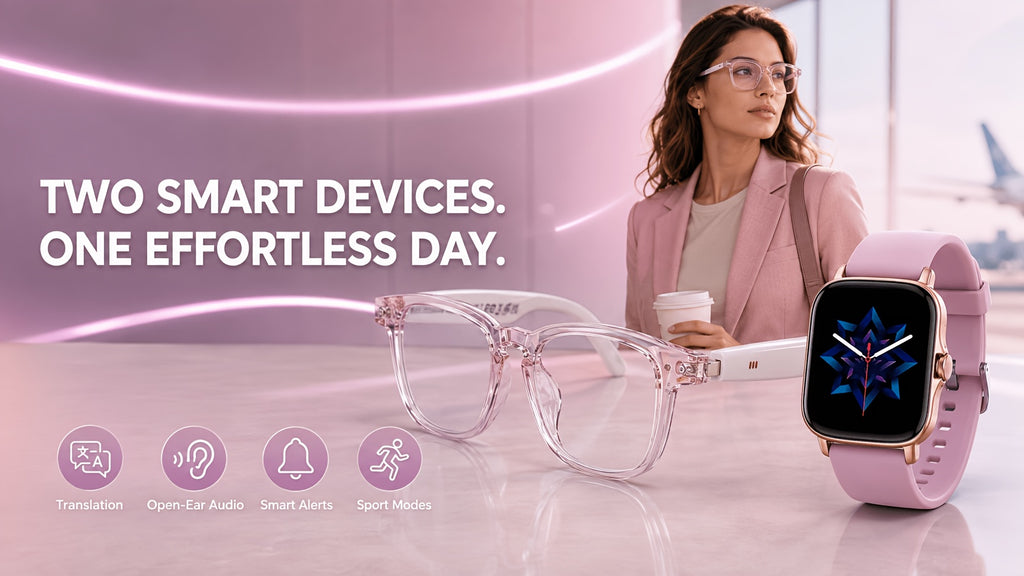 Open-Ear Translation Glasses and Smartwatch Set with Listed 160-Plus Language Functions, Music and Call Controls, Sleep and Activity Tracking, Four Style Labels