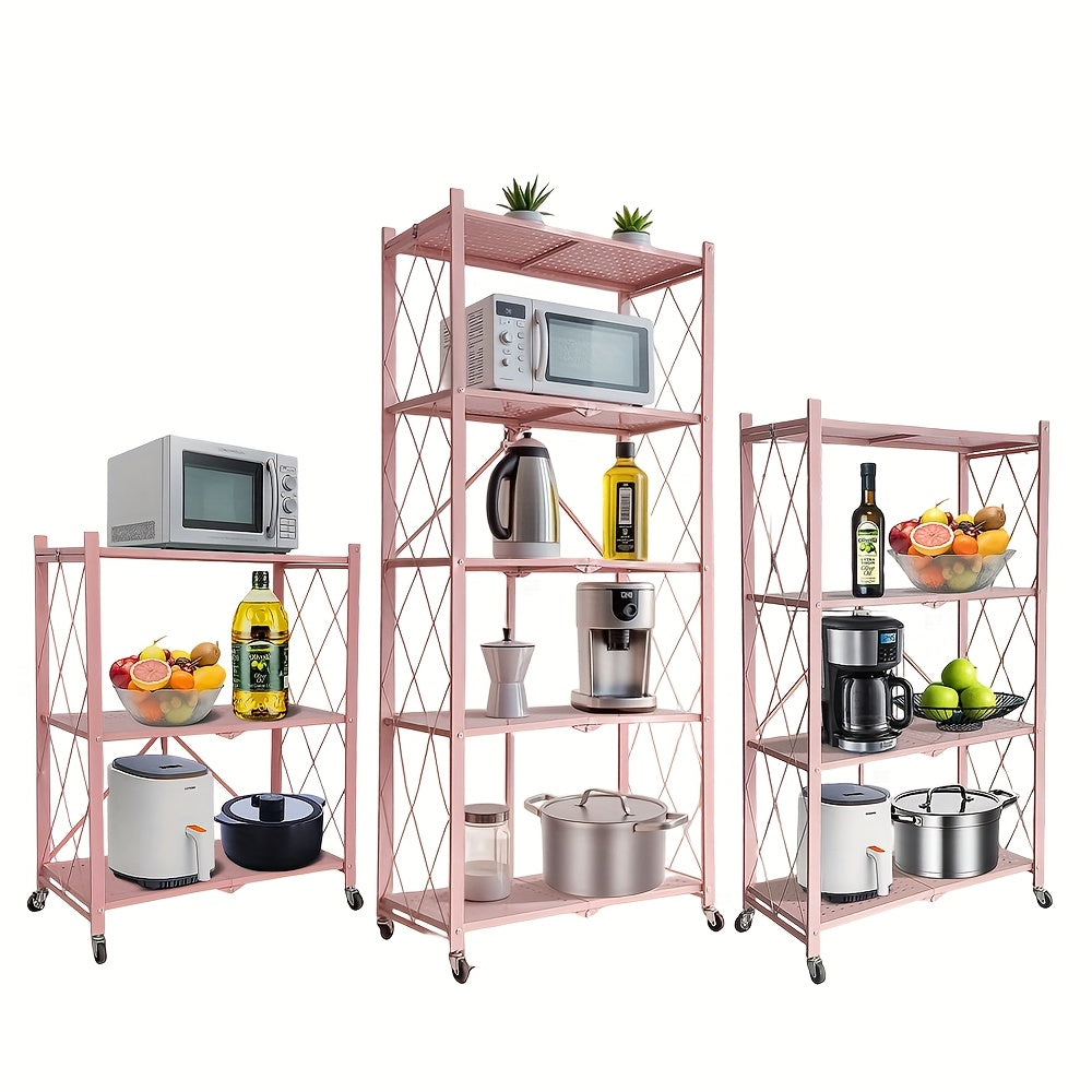 Rolling Folding Storage Rack with Metal Construction and Listed Locking Wheels, Three- to Five-Tier Model Labels for Kitchenware, Household and Dorm Organization