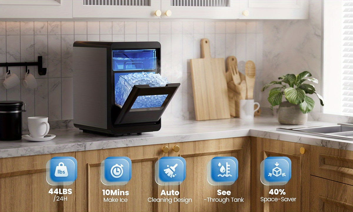 Chewable Pellet Ice Maker by Qunler, Self-Cleaning Countertop Nugget Ice Machine with 35LBS, 44LBS or 35LBS Mini Options for Coffee and Home Bar Drinks
