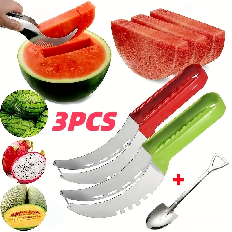 Watermelon Slicer Set for Fresh Fruit Preparation and Serving, Red and Green Tools with Listed Stainless Steel Material or Three-Piece Option with Watermelon Spoon