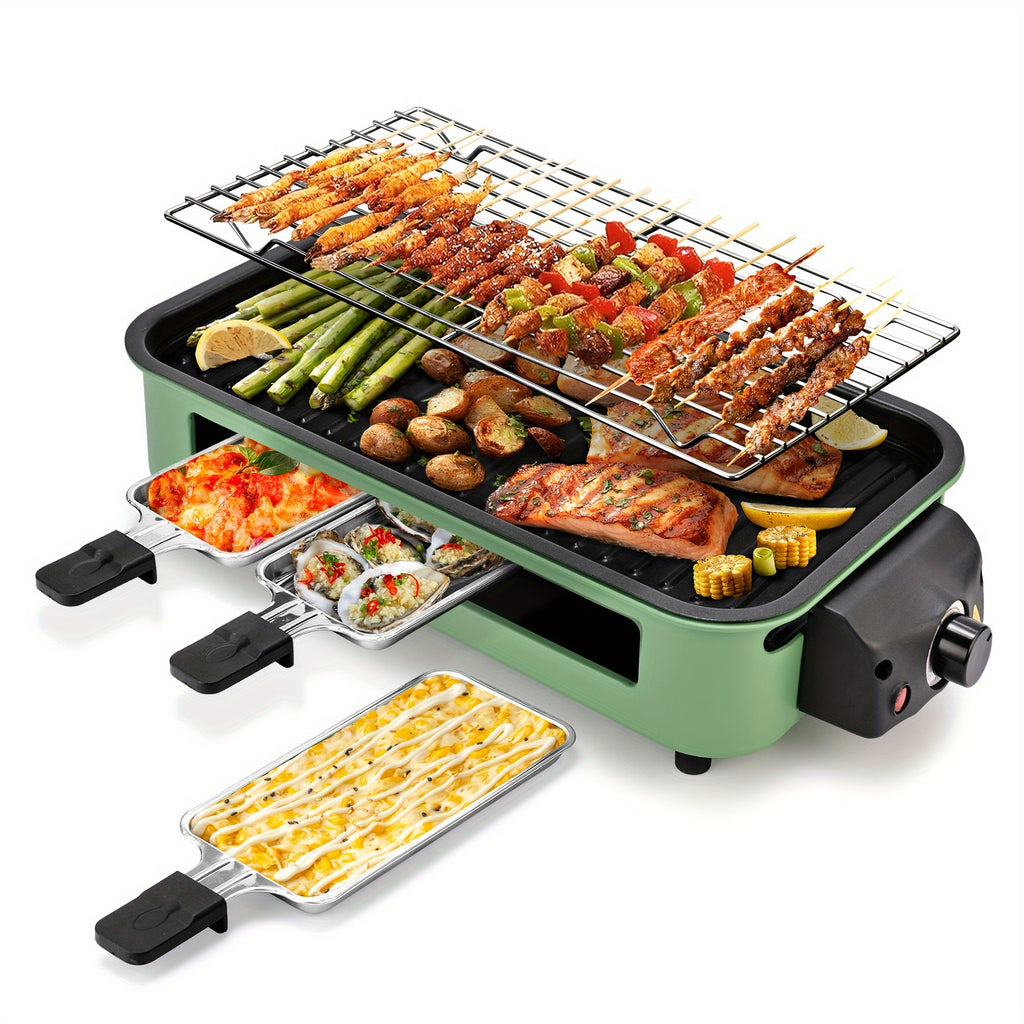Indoor Raclette Electric Grill, 1500W with 16 x 9 Inch Removable Nonstick Plate and 3 Cheese Pans, Adjustable Temperature for Home Tabletop Cooking
