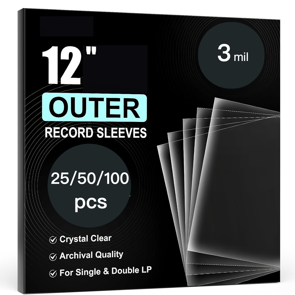 100/50/25-Pack Crystal Clear Vinyl Record Outer Sleeves, Record Sleeves, 12.75"×12.75" 3 Mil Thick, Archival-Grade Protection For Single/Double LP Albums, Precision Fit, Acid-Free & Non-PVC