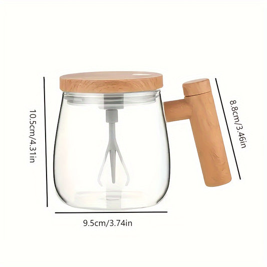 Self-Stirring Mug 400ml OBS-JB01 with Listed 8cm Stirring Bar, Borosilicate Glass and Imitation-Wood Plastic Design for Coffee, Milk and Compatible Powdered Drinks
