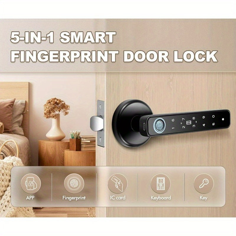 5-in-1 Fingerprint Door Knob Lock with Keypad and Smart Life Access, Two IC Cards and Two Keys, Single-Row or Double-Row Options for Compatible Interior Doors