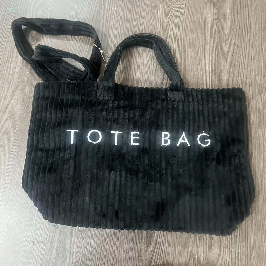 Letter Pattern Corduroy Tote Bag for Women with Adjustable Shoulder Strap and Listed Color-Block Design, Beige, Black, Green or Pink for Work, Shopping and Casual Outings