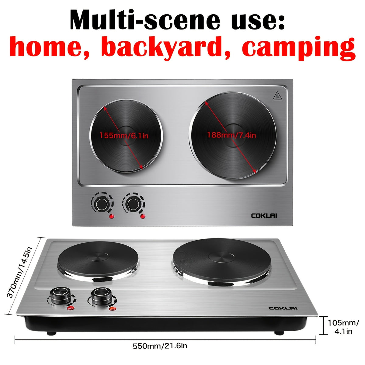 Dual Burner Hot Plate, Portable Electric Cooktop with 7.4 Inch and 6.1 Inch Heating Plates, Adjustable Temperature Control for Dorm, RV and Home Kitchen Daily Cooking