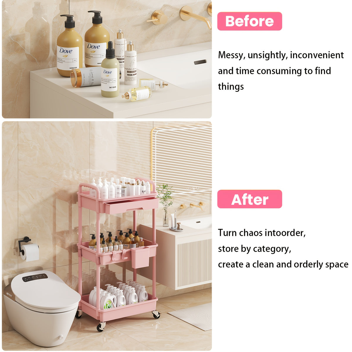 Three-Tier Rolling Storage Cart with Drawer, Plastic Organizer with Lockable Wheels, Listed Cup Holders and Hooks in Five Colors for Kitchen, Bathroom and Office