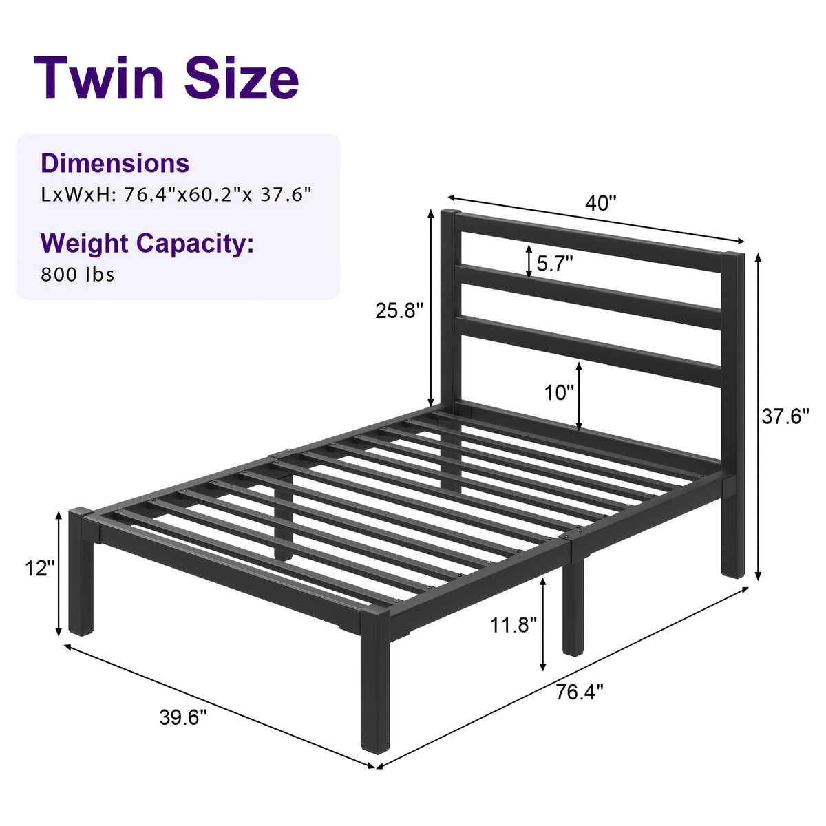 Metal Slat Platform Bed Frame with Slatted Headboard and Under-Bed Storage Space, No Box Spring Needed, Black or White in Twin, Full, Queen and King