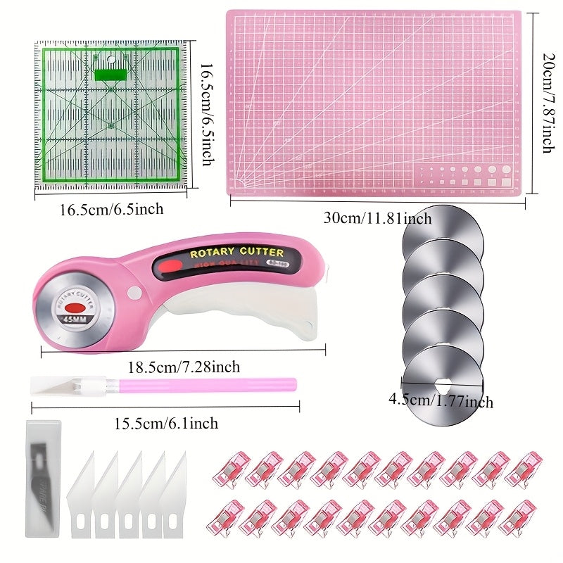 Rotary Fabric Cutter Set with Listed 45mm Blade, Five Replacement Blades, A4 Mat, Craft Knife and Acrylic Ruler in White Pink or Red for Quilting Projects