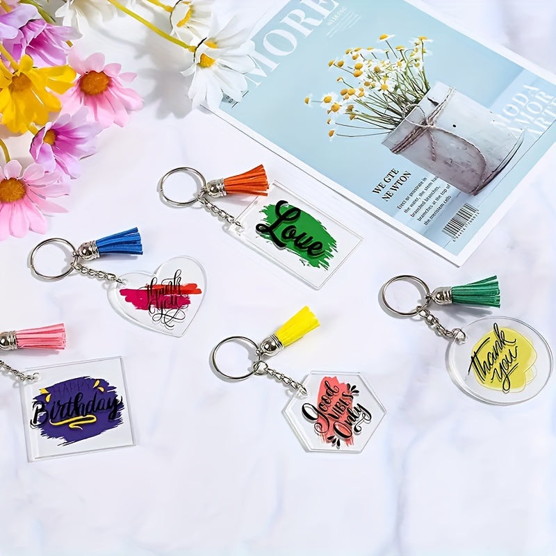 Acrylic Keychain Blanks Kit with Five Clear Shapes, Listed 200 Total Pieces Including Tassel Charms, Key Chains and Jump Rings for Personalized Vinyl Crafts and Gifts