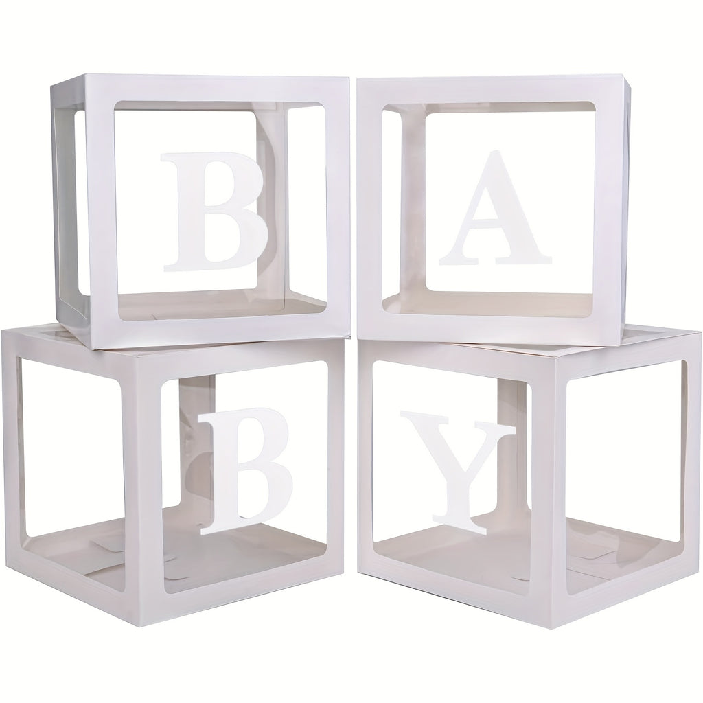 Transparent Balloon Boxes Set of 4 in White with Four Letter Pieces for Baby Shower Styling, Gender Reveal Celebrations, Birthday Parties and Event Decorations